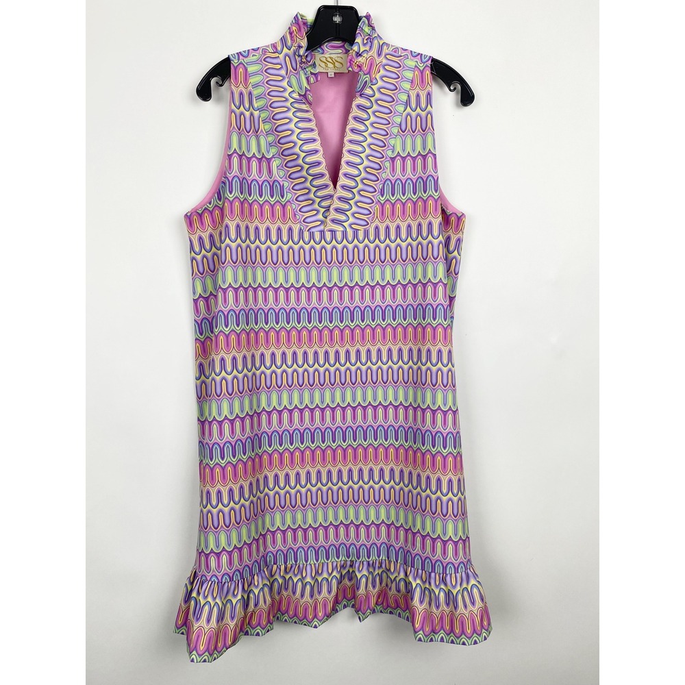 SSYS The Label Psychedelic Wave Ruffle Neck Shift Dress Womens M Pastel